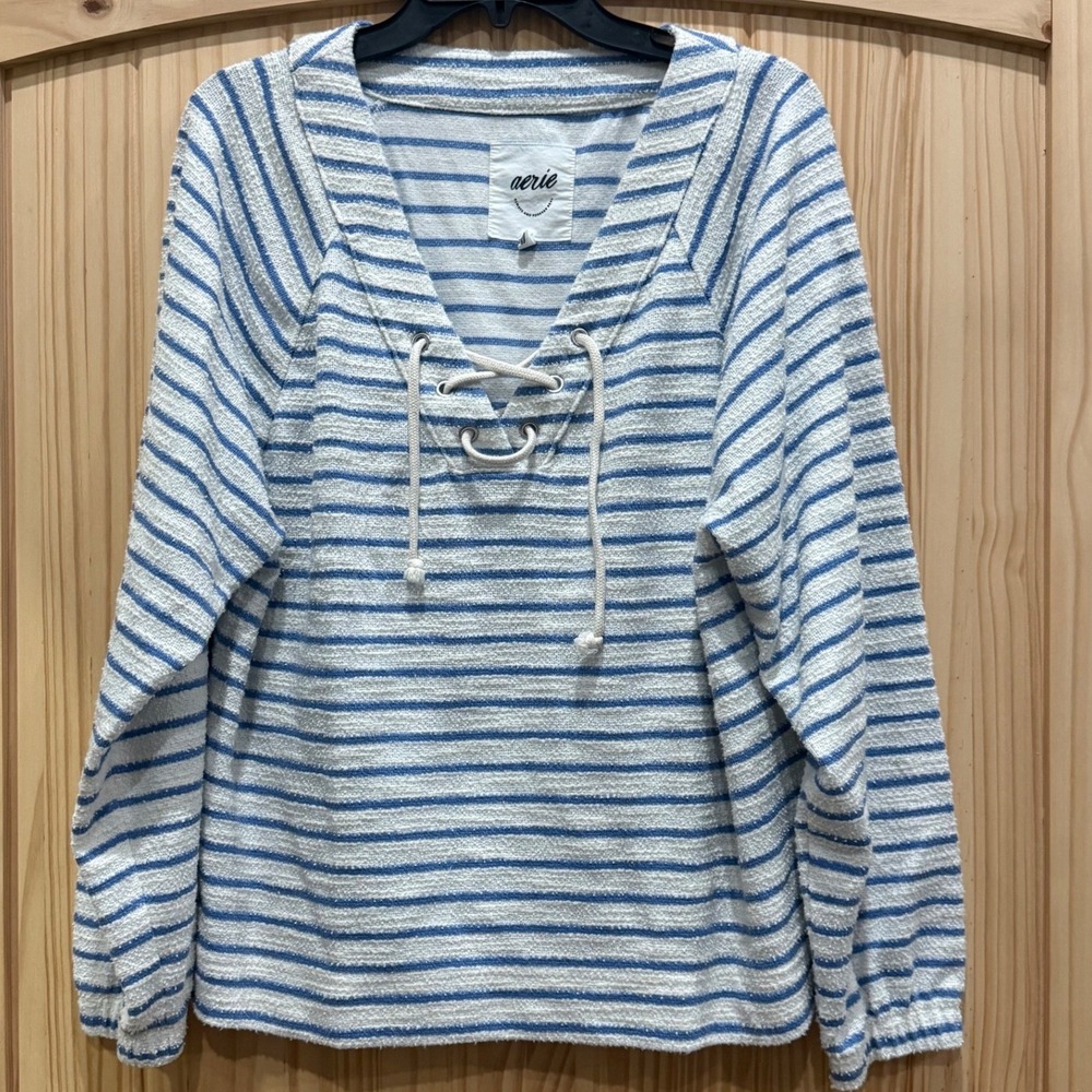 Aerie Blue White Striped Lace Up V-Neck Sweatshirt Pullover Size Medium